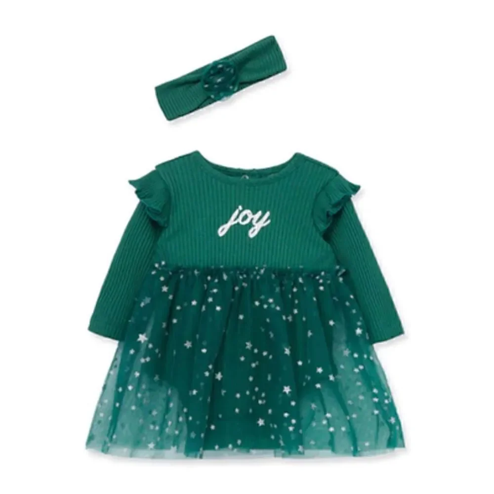 LITTLE ME BABY GIRL 9 MONTH “JOY” GREEN Bodysuit Dress with Matching Headband